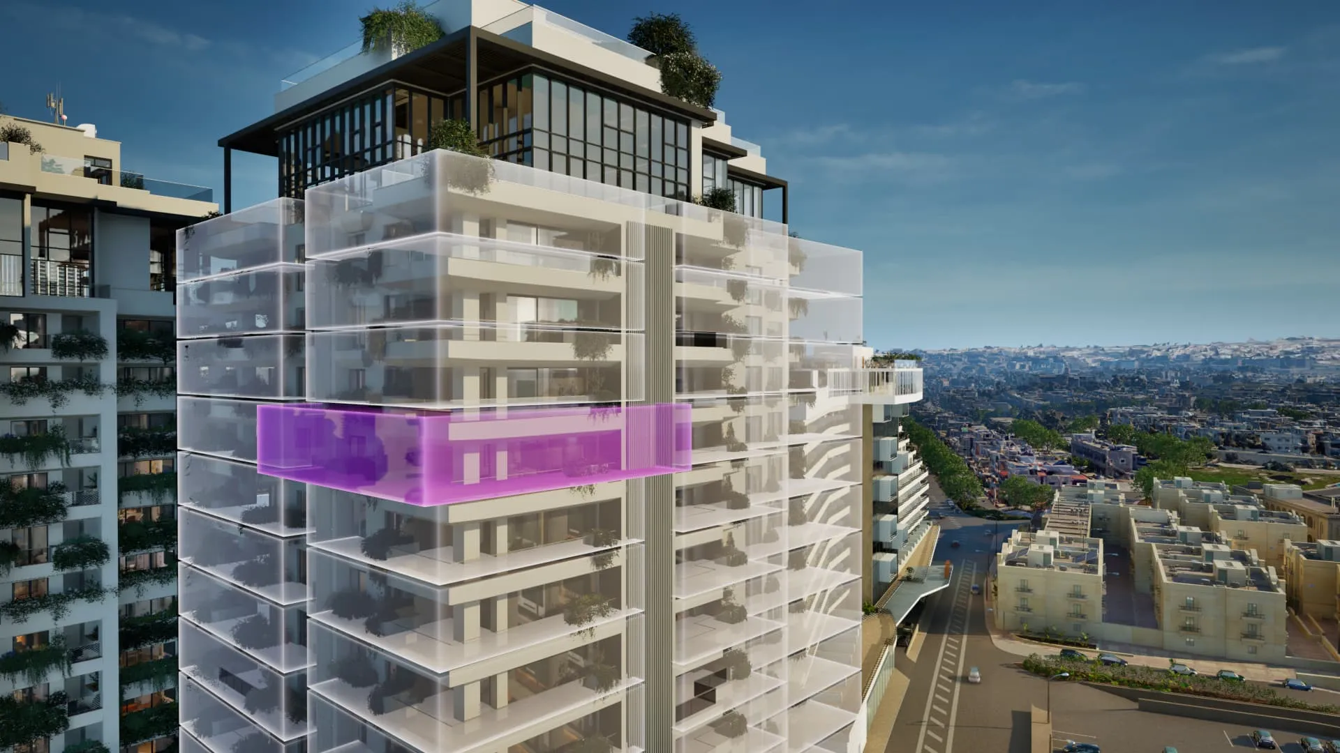 Building exterior with an Immersive Apartment Picker Tool Overlay